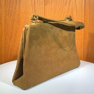 Brown Suede Clutch Bag Gold Handle Vintage party